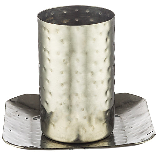 STAINLESS STEEL HAMMERED DESIGN KIDDUSH CUP 9 CM WITH SQUARE SAUCER 11 CM contain 210ml / 7.1oz