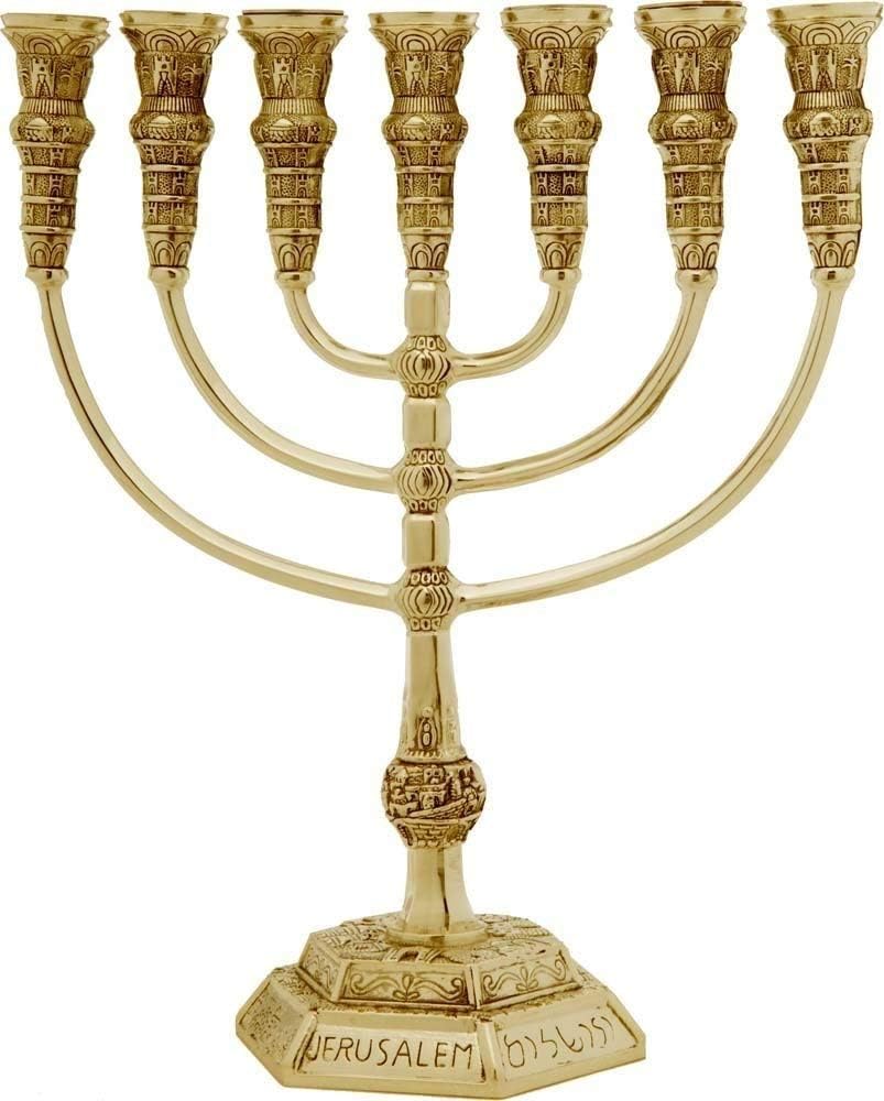 Yaliland Menorah Jerusalem Temple 13.5 Inch Height 34 cm 7 Branches Gold Plated XL