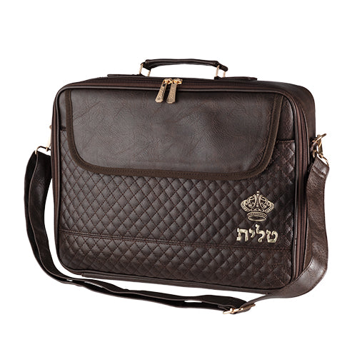 Leatherette Fabric Talit 43*36 cm with Handle- Dark Brown with Embossed Letters (UK67521)