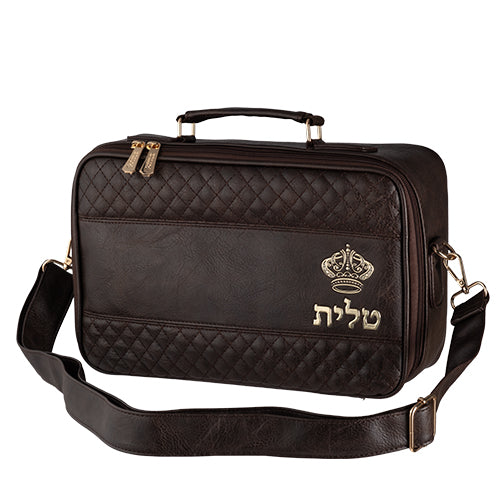 Leatherette Fabric Talit 23*36 cm with Handle- Dark Brown with Embossed Letters (UK67522)