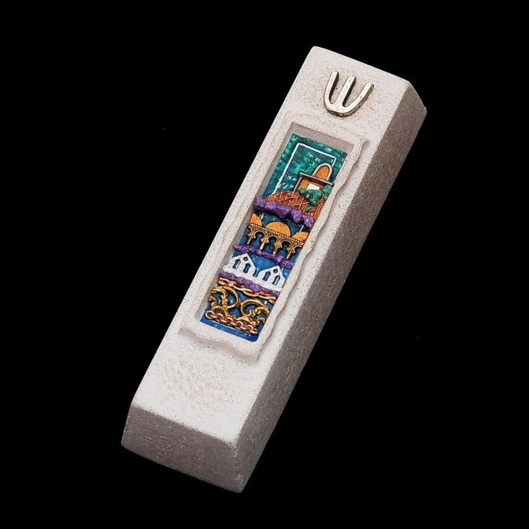 Mezuzah Case Jerusalem Cast Stone Jewish Door Mezuzah 5.4 in