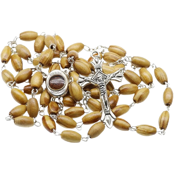 Catholic Prayer Rosary Olive Wood Beads Necklace Holy Soil Medal & Metal Cross and Velvet Bag