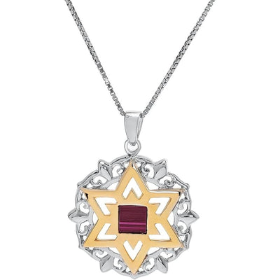 Nano Sim OB Silver and 9K Gold Pendant - Star of David with Floral Decorating From the Holy Land