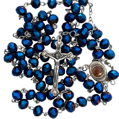 Blue Glass Crystal Beads Rosary Necklace Holy Medal Silver Plated