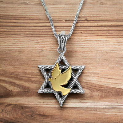 Star of David Necklace in Silver & 9K Gold | Israel Jewelry Holy Land - Dove of Peace Pendant | Love Israel Necklace | Black Friday Sale