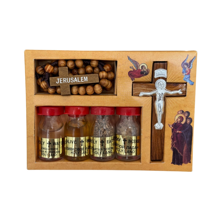 Blessing Kit rosary, Cross, Water, Holy Soil, anointing oil ,Incense Bottles From The Holy Land