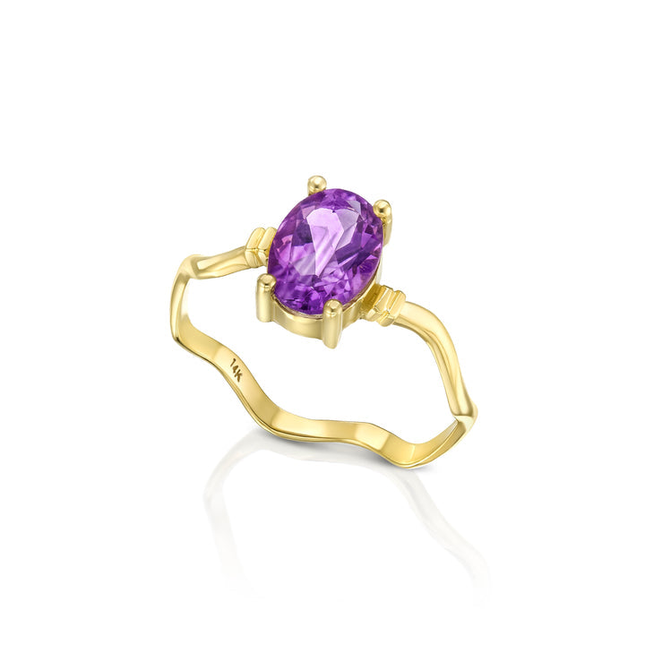 14K Gold Oval Cut, wavy design, gold dainty Solitaire Ring with Genuine Amethyst, Purple gold ring