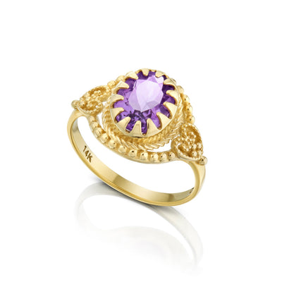 14K Gold Oval Cut, filigree Solitaire ring, gold dainty with Genuine Amethyst Purple Stone gold