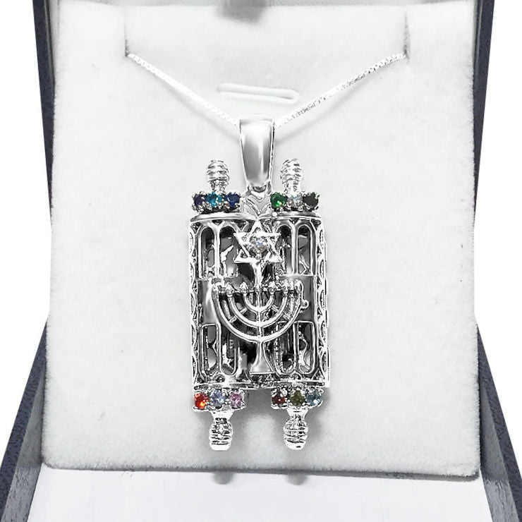 Torah scroll necklace Ten Commandments. handmade work inlaid with colorful crystals