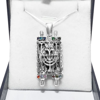 Torah bible scroll necklace Ten Commandments handmade judaica work inlaid with colorful crystals