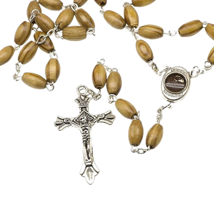 Catholic Prayer Rosary Olive Wood Beads Necklace Holy Soil Medal & Metal Cross and Velvet Bag