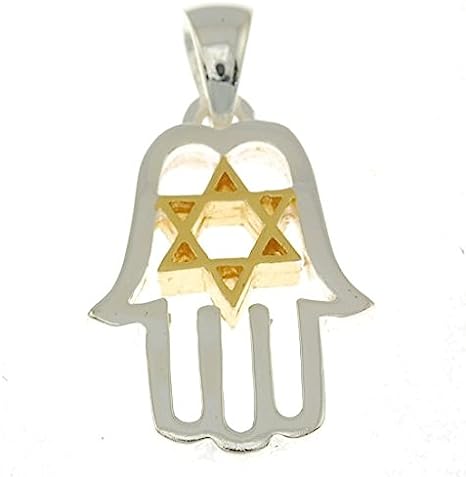 Hamsa Pendant in Sterling Silver and Gold Star of David + Sterling Silver Chain