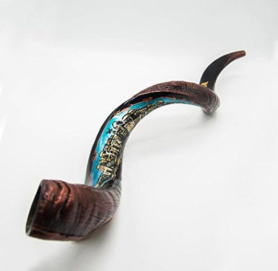 Extra Large Yemenite Shofar horn 40-42" hand painted with City of Jerusalem
