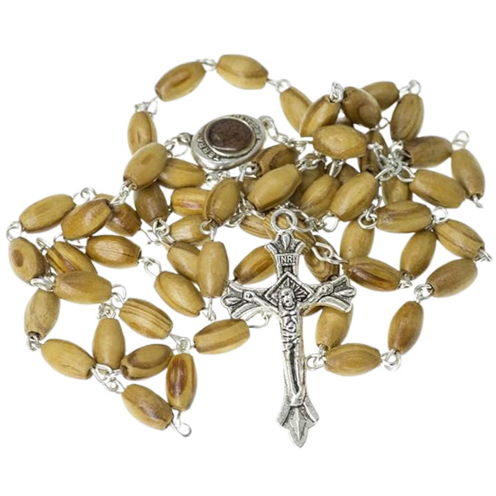Catholic Prayer Rosary Olive Wood Beads Necklace Holy Soil Medal & Metal Cross and Velvet Bag