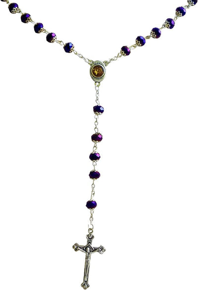 Catholic Glass Crystal Rosary Necklace - Holy Wooden Beads with Silver Cross for Men and Women - from Jerusalem