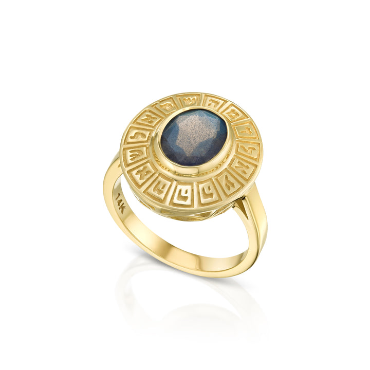14K gold ring engraved with five combinations the names of god, elliptical ring Inlaid with Labradorite-Spectrolite stone, birthstone