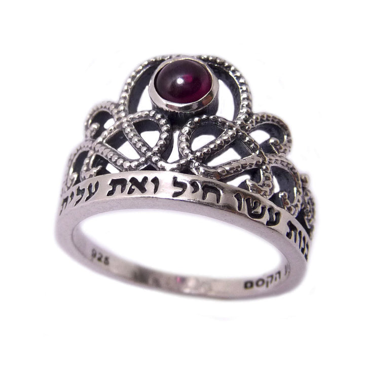 Sterling Silver Rabot Banot Crown Ring with Garnet