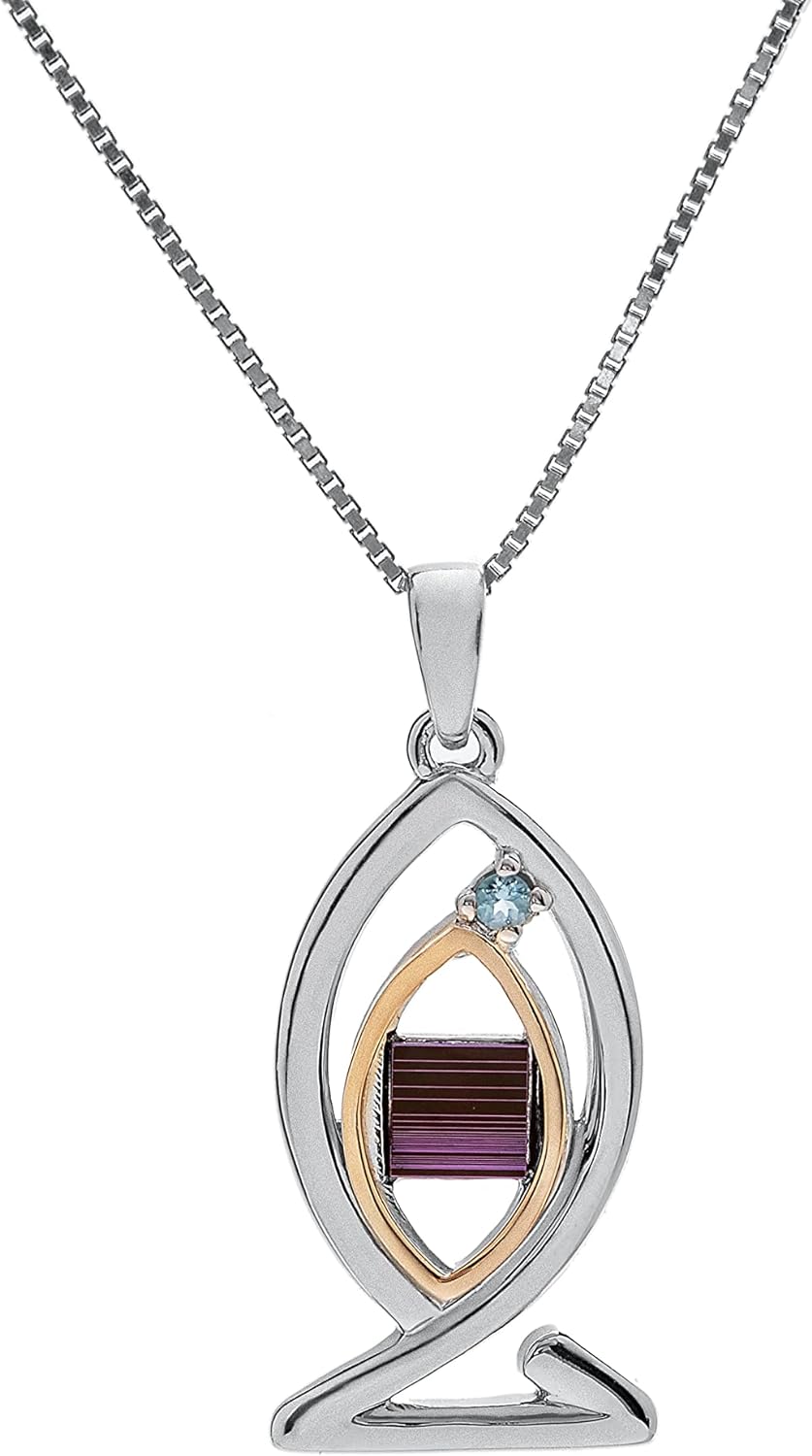 The Peace of God Nano Sim New Testament Silver and 9K Gold Pendant Ichthys studded with Blue Topaz Stone
