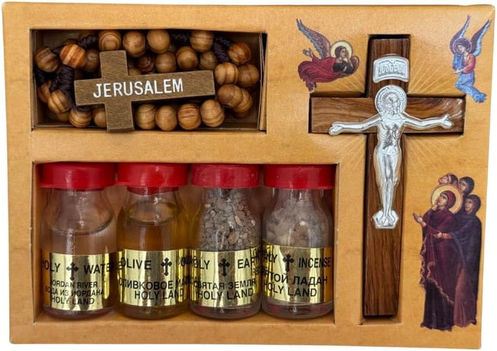 Blessing Kit rosary, Cross, Water, Holy Soil, anointing oil ,Incense Bottles From The Holy Land