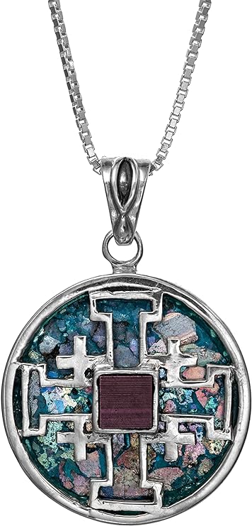 Nano Sim New Testament Round Silver Pendant The Jerusalem Cross Studded with Roman Glass