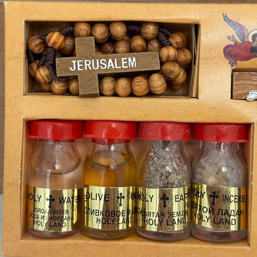 Blessing Kit rosary, Cross, Water, Holy Soil, anointing oil ,Incense Bottles From The Holy Land