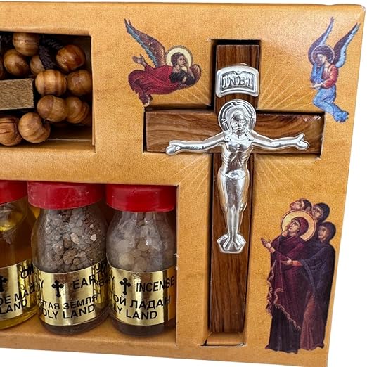 Blessing Kit rosary, Cross, Water, Holy Soil, anointing oil ,Incense Bottles From The Holy Land