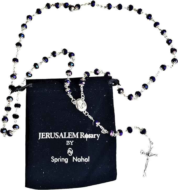 Catholic Glass Crystal Rosary Necklace - Holy Wooden Beads with Silver Cross for Men and Women - from Jerusalem