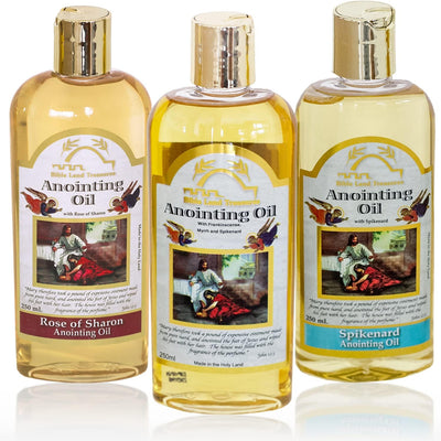 Bible Lands Treasure Anointing Oil for Prayer, Set of 3: Spikenard, Rose of Sharon, Myrrh and Frankincense 8.45 fl.oz | 250 ml