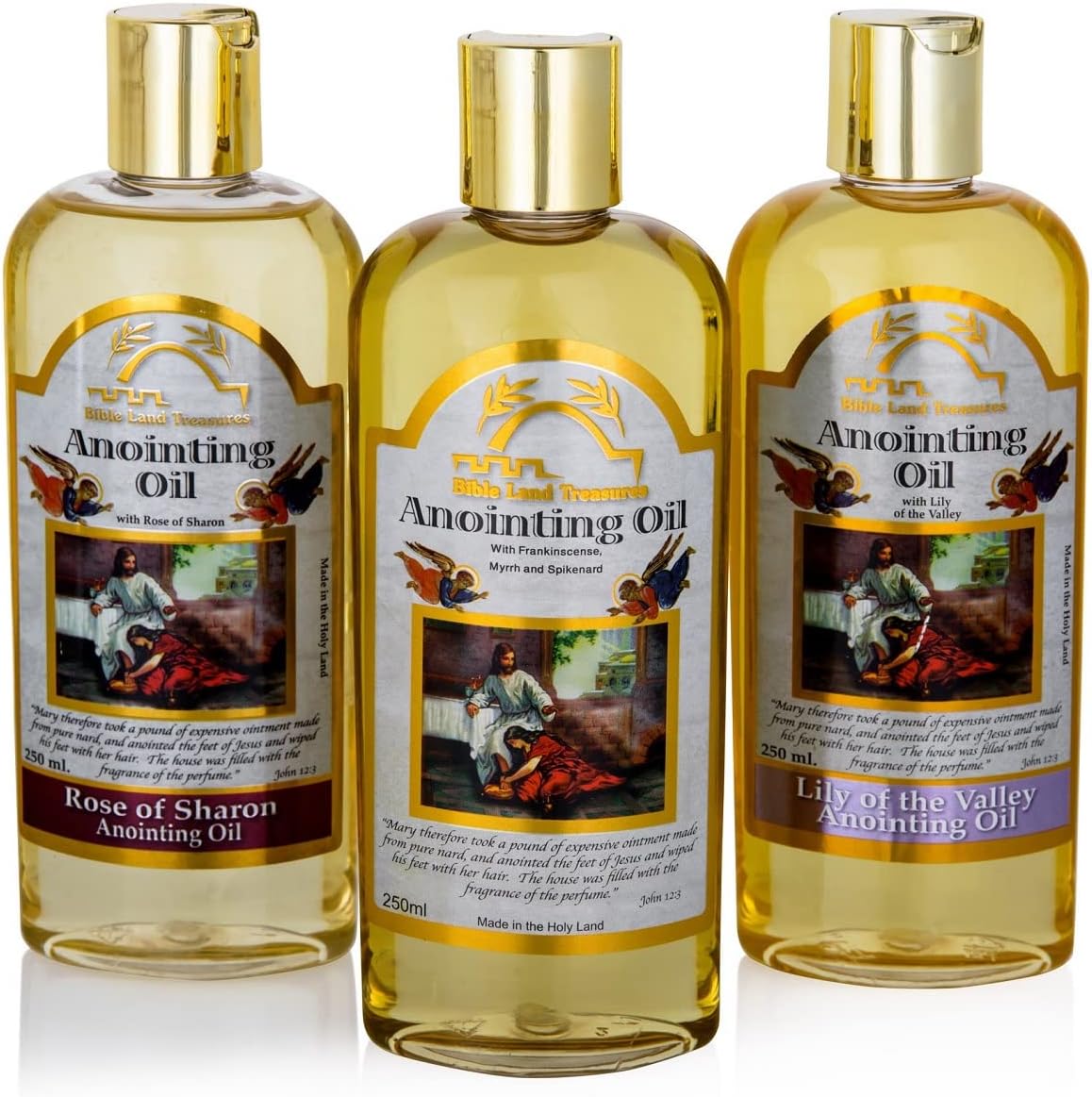 3 Bottle Set of Holy Land Treasures Anointing Oils,  with Lily of The Valleys, Rose of Sharon, Frankincense, Myrrh, and Spikenard, 8.45 fl. oz | 250 ml