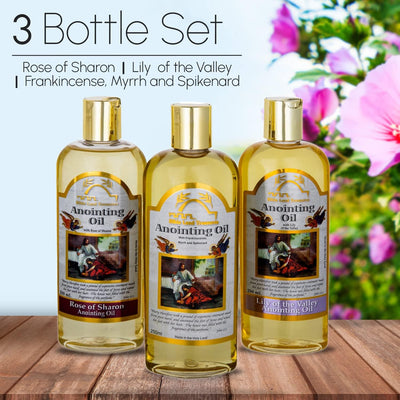 3 Bottle Set of Holy Land Treasures Anointing Oils,  with Lily of The Valleys, Rose of Sharon, Frankincense, Myrrh, and Spikenard, 8.45 fl. oz | 250 ml