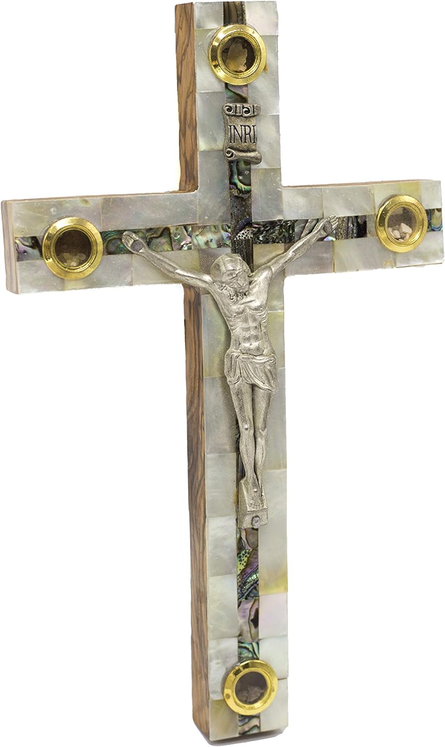 Cross Olive Wood Mother of Pearl Cross Hand Carved from Jerusalem 10''