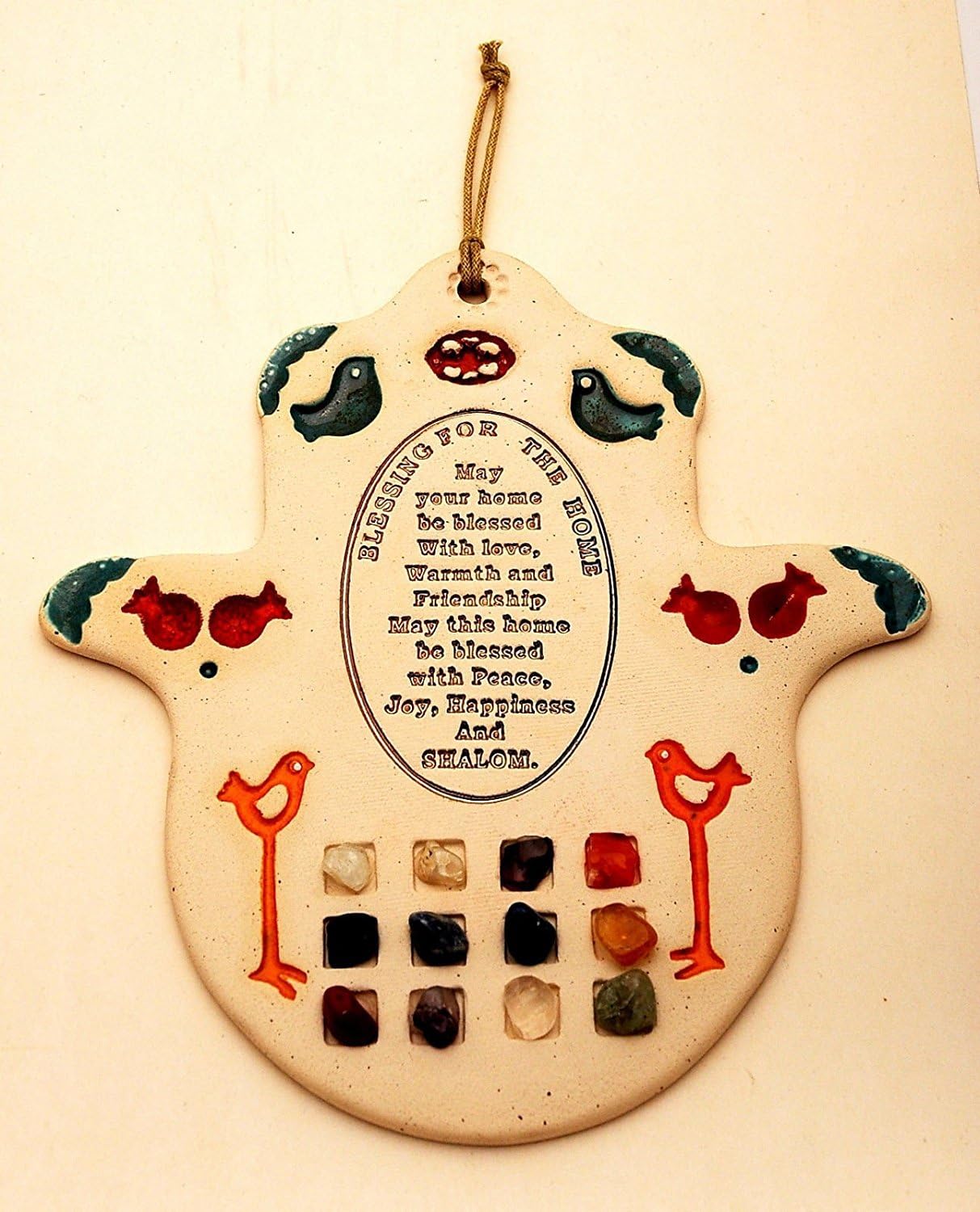 Jerusalem Home Blessing Hamsa Handmade in English, Ceramic with 12 Gemstones