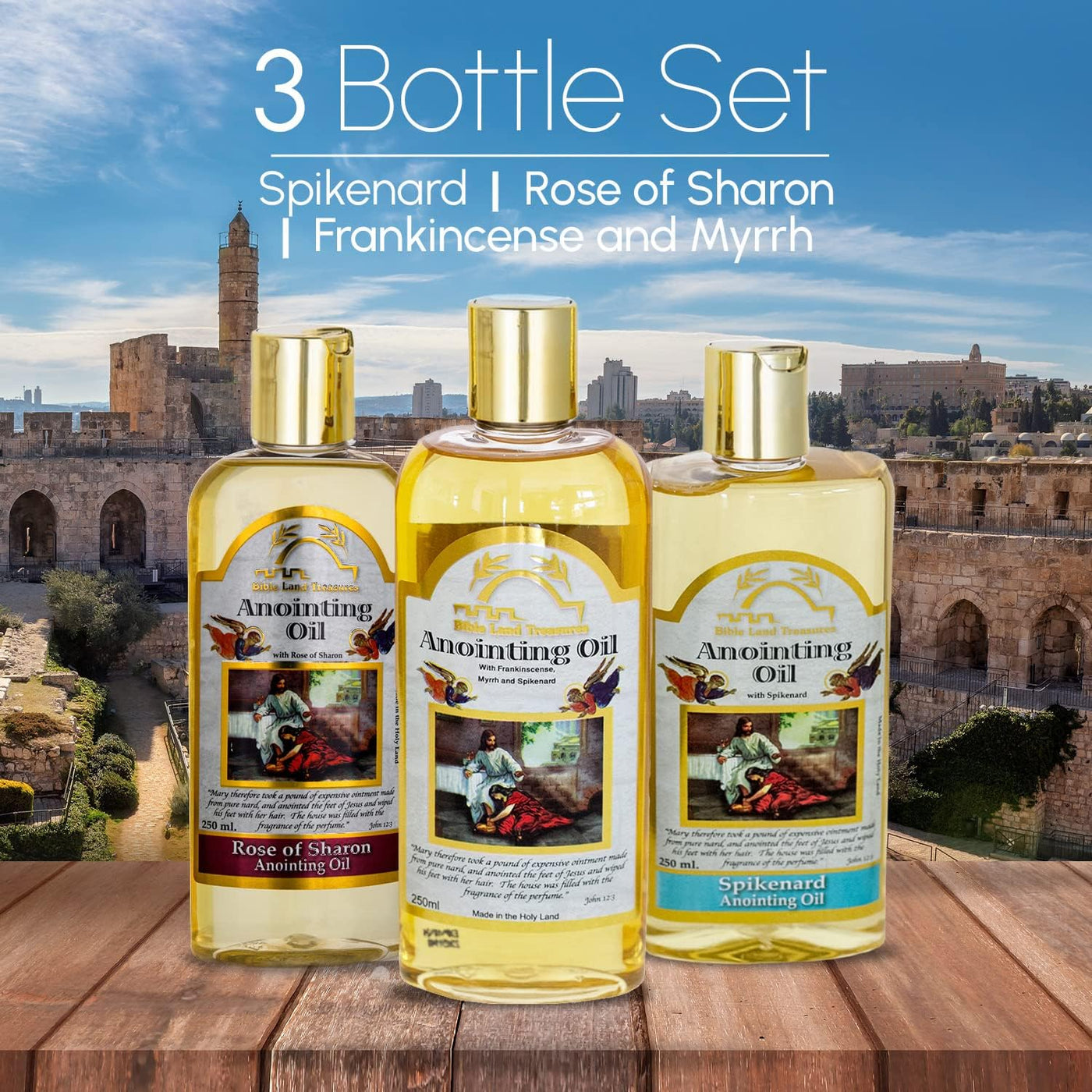 Bible Lands Treasure Anointing Oil for Prayer, Set of 3: Spikenard, Rose of Sharon, Myrrh and Frankincense 8.45 fl.oz | 250 ml