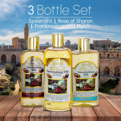 Bible Lands Treasure Anointing Oils for Prayer Set of 3: Spikenard, Rose of Sharon, Myrrh and Frankincense 8.45 fl.oz | 250 ml