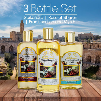 Bible Lands Treasure Anointing Oil for Prayer, Set of 3: Spikenard, Rose of Sharon, Myrrh and Frankincense 8.45 fl.oz | 250 ml