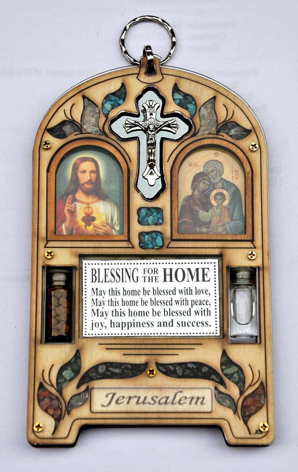 Jerusalem blessing for the house wood with clear glass and stones