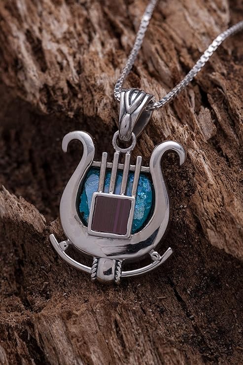 Nano Sim Old Bible Silver Pendant David's Harp with Roman Glass