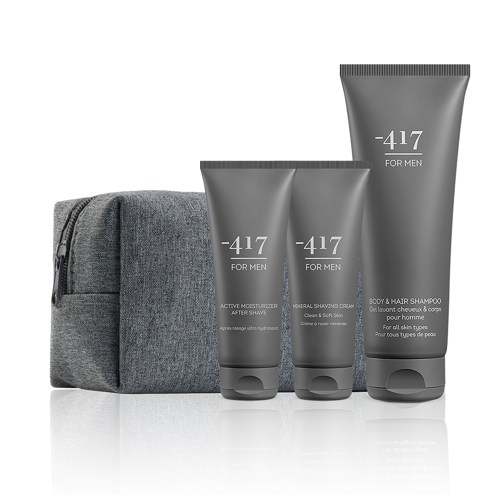 FOR MEN Skincare Essentials Kit – Refreshed Packaging in Charcoal Pouch