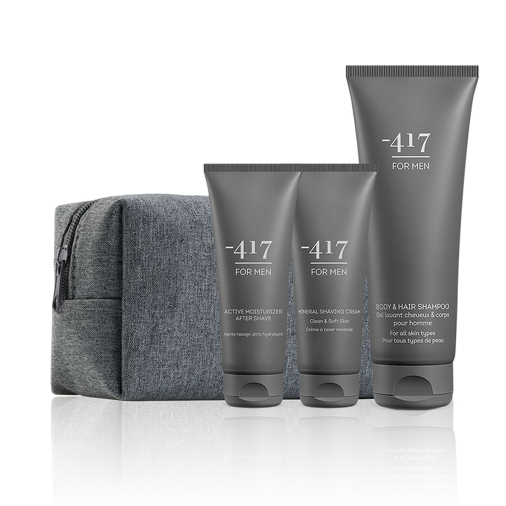 FOR MEN Skincare Essentials Kit – Refreshed Packaging in Charcoal Pouch