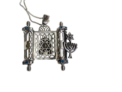 Torah scroll necklace Ten Commandments. handmade work inlaid with colorful crystals