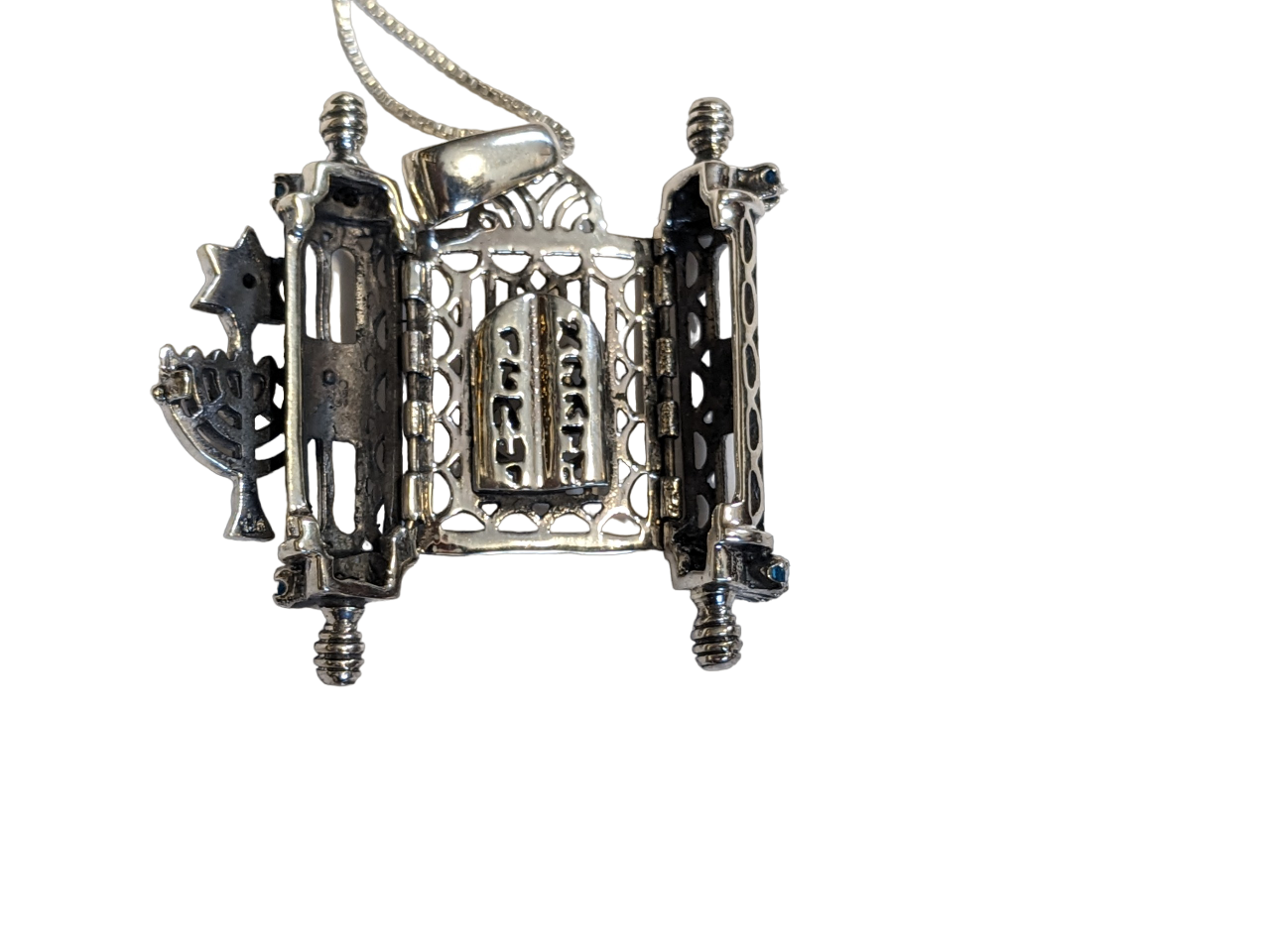 Torah scroll necklace Ten Commandments. handmade work inlaid with colorful crystals