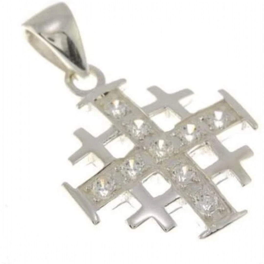 Jerusalem Cross Silver Pendant with Gemstones + 925 Silver Necklace