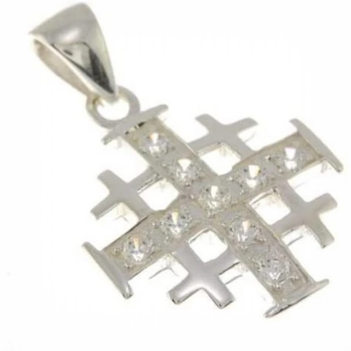 Jerusalem Cross Silver Pendant with Gemstones + 925 Silver Necklace