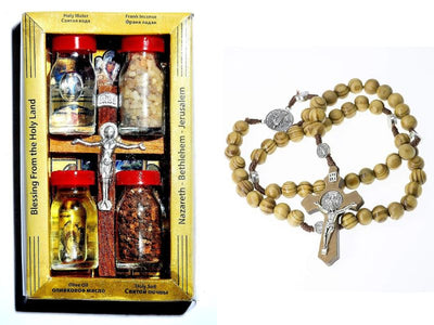 Set of 6 in 1 Olive Wood Cross Set with 4 Bottles - Anointing Blessed Oil, Jordan River Water