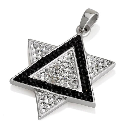 Star of David Pendant with Gemstones - Multi-Color, Black & White, Azure & White, Blue & White in Sterling Silver Necklace