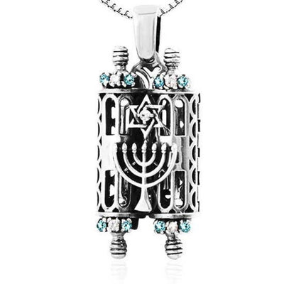 Torah scroll necklace Ten Commandments. handmade work inlaid with colorful crystals