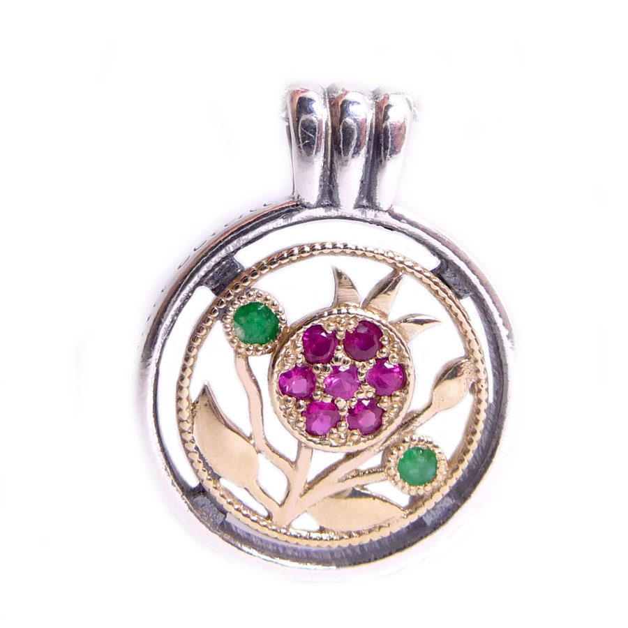 Silver and 9K Gold Pomegranate Necklace with Ruby and Emerald Stones, From Israel, abundance Necklace