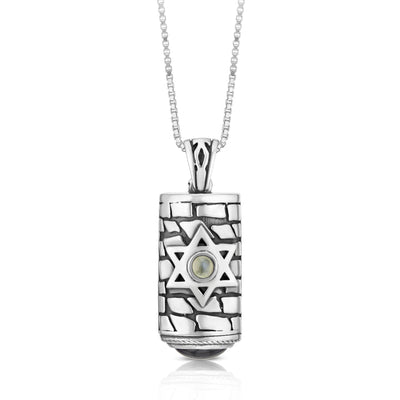 Star of David Mezuzah scrollwork large pendant necklace, Judaica mens Torah pendant silver, Inlaid with Garnet and Cat eye