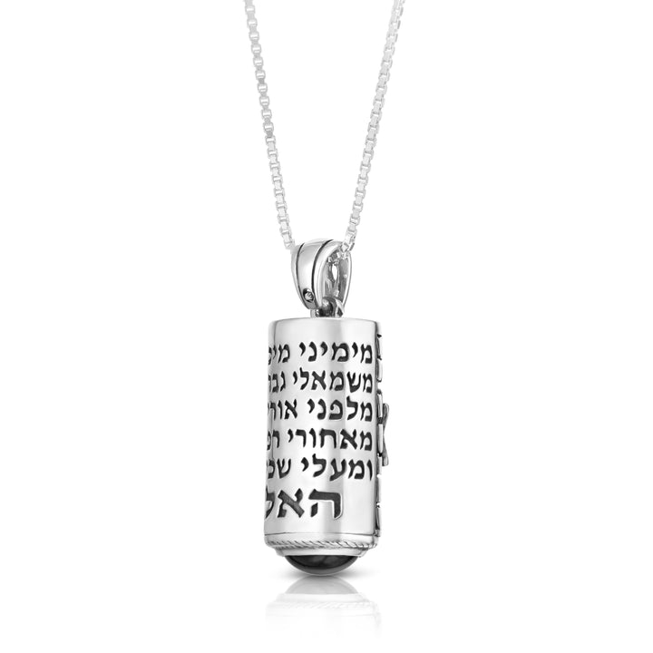 Star of David Mezuzah scrollwork large pendant necklace, Judaica mens Torah pendant silver, Inlaid with Garnet and Cat eye