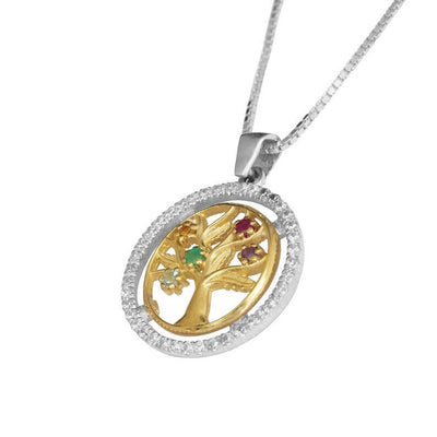 60th Birthday Gift for Her: Sterling Silver, 9K Gold Tree of Life Pendant with Amethyst, Citrine, Ruby, Topaz & Emerald | Anniversary Gift